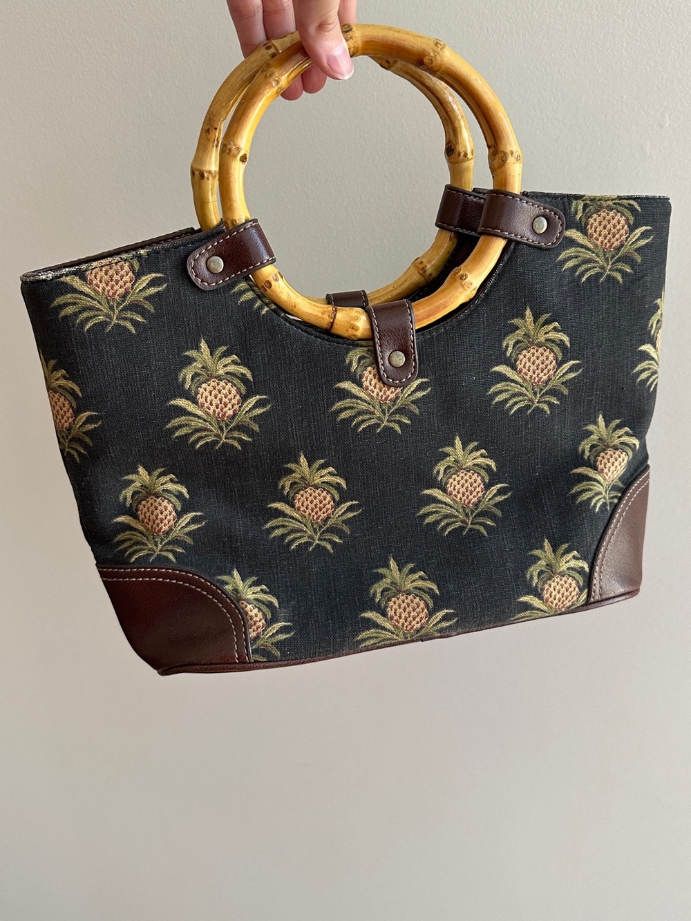 Relic Pineapple Print Satchel, Bamboo Ring Handle, Brown Leather Trim, Crossbody